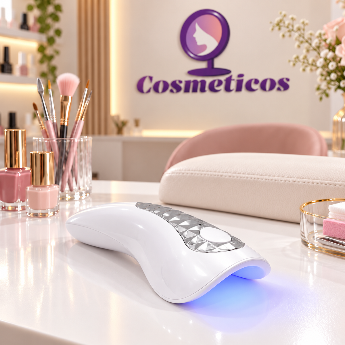 Mini lampă UV LED 18W portabilă cu acumulator, albă cu detalii argintii și un singur buton, cu lumină albastră aprinsă, 