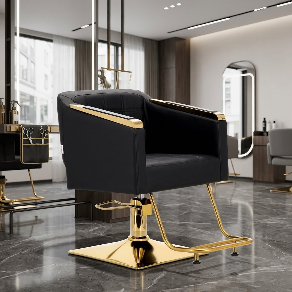 Scaunul profesional Pikos Gold integrat intr-un salon modern de frizerie si coafura, langa oglinda de lucru.