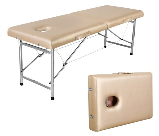 Pat Masaj Profesional si Masa Gene Portabila Premium Gold | 183x60 cm Pliabil asezat pe fundal alb, prezentat atat deschis cu structura metalica lucioasa la vedere, cat si strans sub forma de geanta compacta de transport.