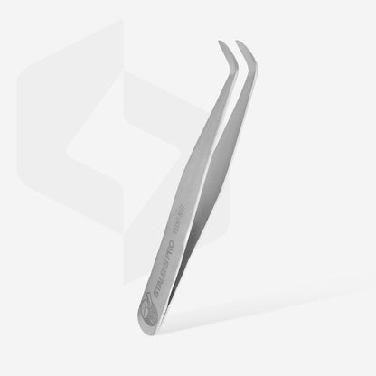 Pensetă din oțel inoxidabil STALEKS EXPERT TEDF-10/1, cu finisaj mat și vârfuri curbate pentru manipularea abrazivelor adezive, prezentată oblic.