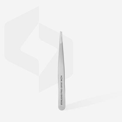 Pensetă pentru sprâncene STALEKS EXPERT TE-10/4 din oțel inoxidabil, cu finisaj mat, vedere integrală.
