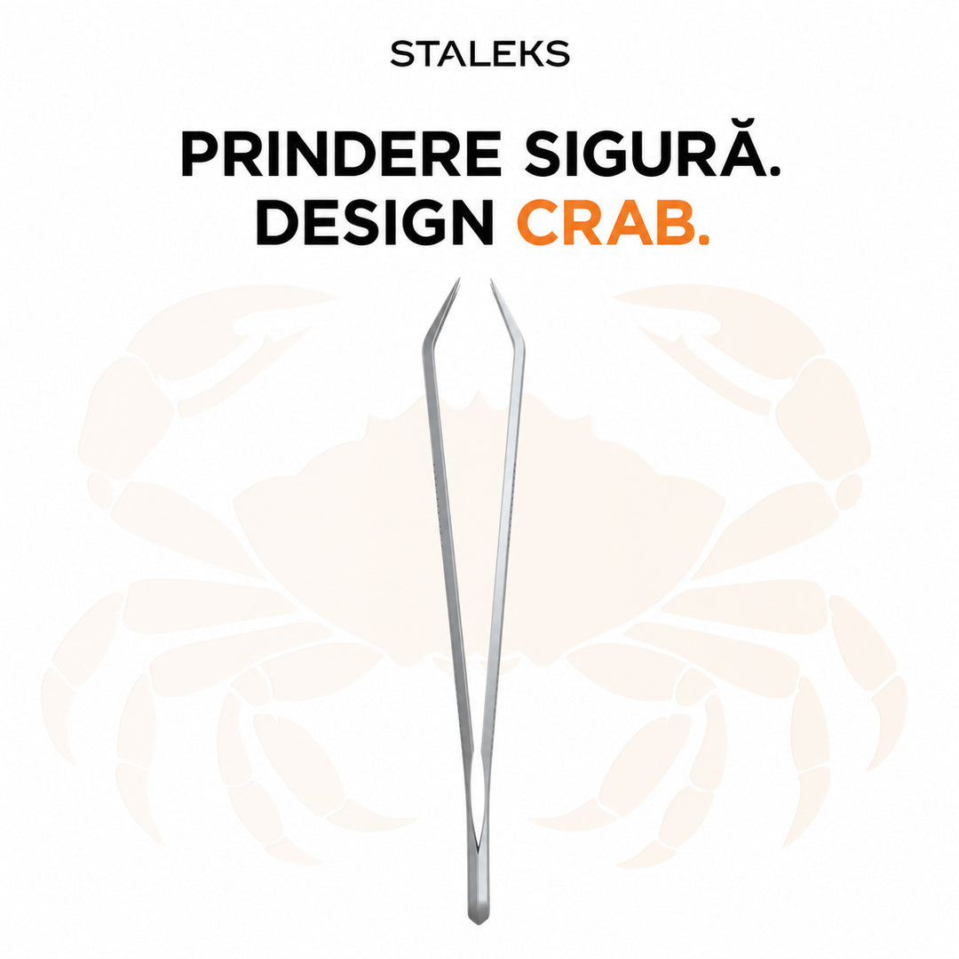 Vedere laterală a pensetei pentru sprâncene STALEKS CLASSIC TC-10/8, cu brațe curbate în formă CRAB și vârfuri ridicate pentru control în timpul pensării.