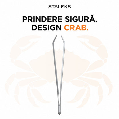Vedere laterală a pensetei pentru sprâncene STALEKS CLASSIC TC-10/8, cu brațe curbate în formă CRAB și vârfuri ridicate pentru control în timpul pensării.