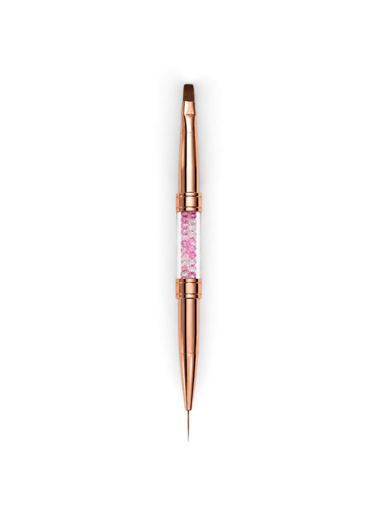 Pensula Duala Manichiura Rose Gold cu Cristale – Capat Liner 9 mm & Capat Drept Gel/Acril