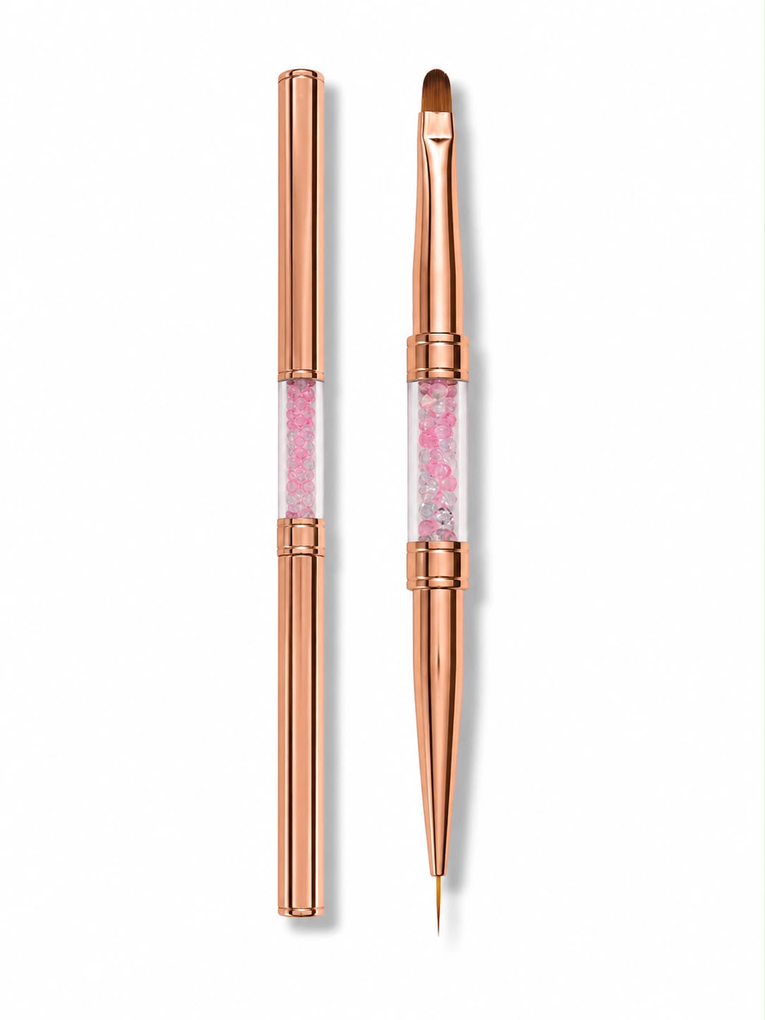 Pensula Duala Manichiura Rose Gold cu Cristale – Capat Liner 7 mm & Capat Limba de Pisica Gel/Acril