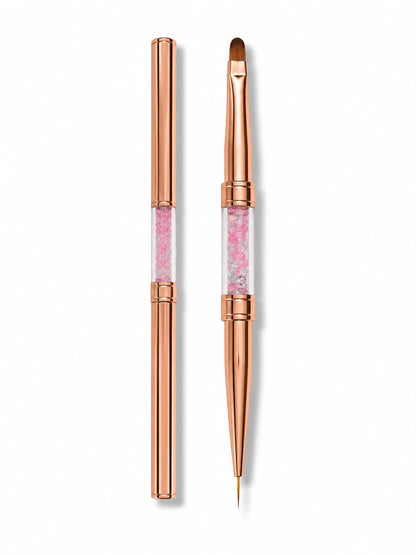 Pensula Duala Manichiura Rose Gold cu Cristale – Capat Liner 7 mm & Capat Limba de Pisica Gel/Acril