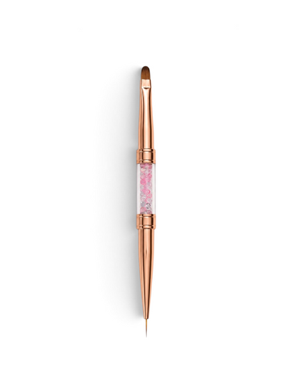 Pensula Duala Manichiura Rose Gold cu Cristale – Capat Liner 7 mm & Capat Limba de Pisica Gel/Acril