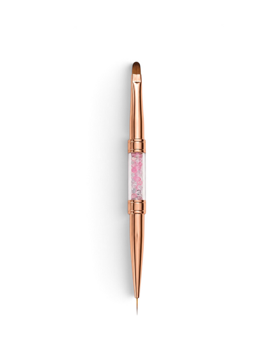 Pensula Duala Manichiura Rose Gold cu Cristale – Capat Liner 7 mm & Capat Limba de Pisica Gel/Acril