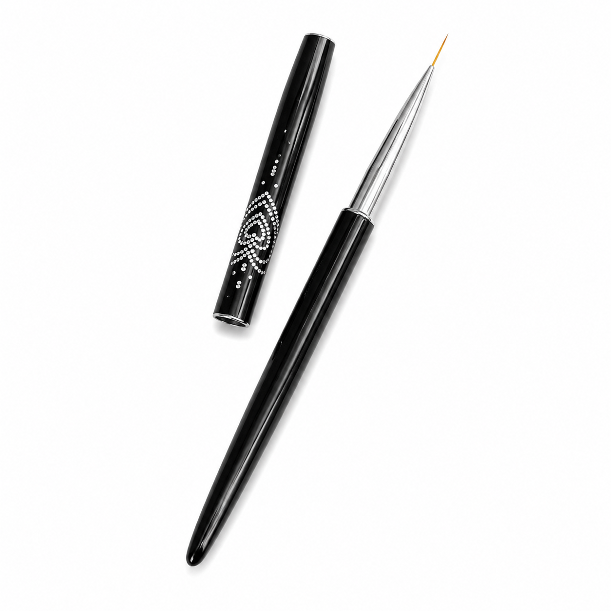 Pensula liner subtire pentru nail art cu varf fin de 8 mm, maner negru si capac de protectie decorat cu modele grafice.