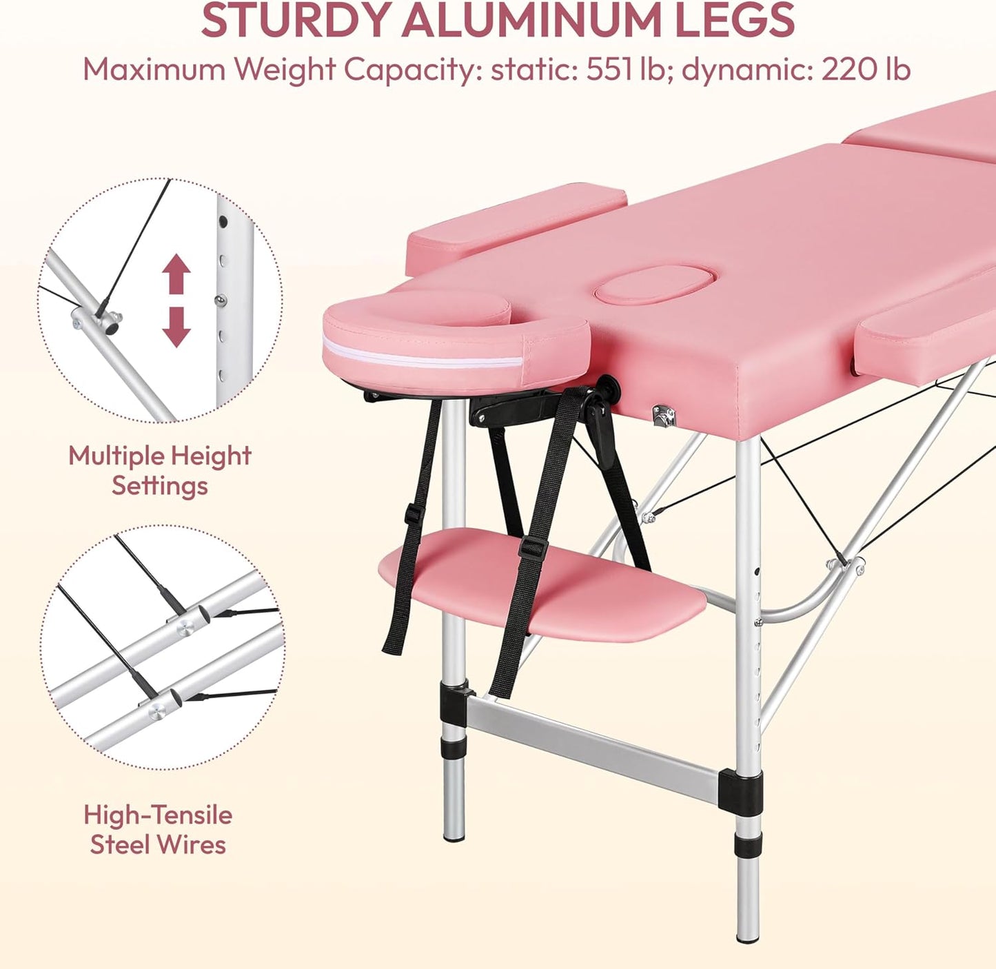 Infografic cu titlul STURDY ALUMINUM LEGS care arata picioarele metalice ale patului, cu detalii despre gaurile de reglare a inaltimii si cablurile de otel tensionate.