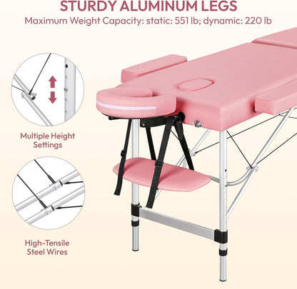 Infografic cu titlul STURDY ALUMINUM LEGS care arata picioarele metalice ale patului, cu detalii despre gaurile de reglare a inaltimii si cablurile de otel tensionate.