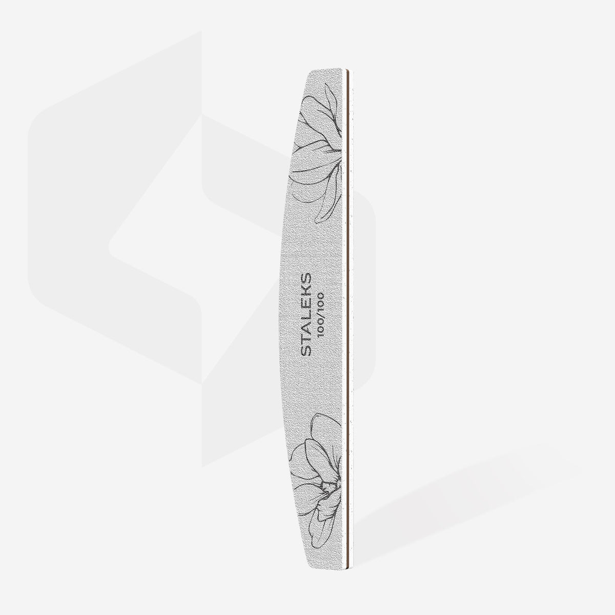 Pilă minerală albă STALEKS EXPERT 40, granulație 100/100 pentru unghii artificiale, cu formă semilună și desen floral, prezentată integral pe fundal deschis.