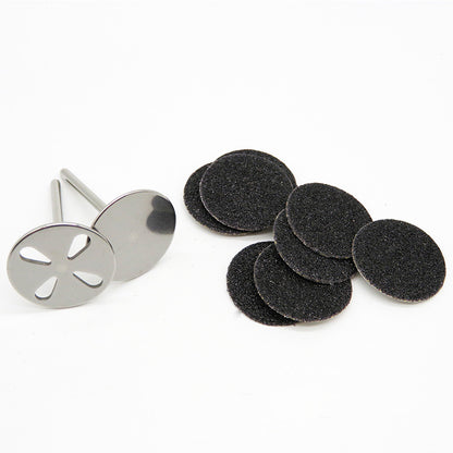 Disc metalic Pododisc 25 mm din otel inoxidabil alaturi de rezerve abrazive autoadezive de unica folosinta pentru pedichiura.