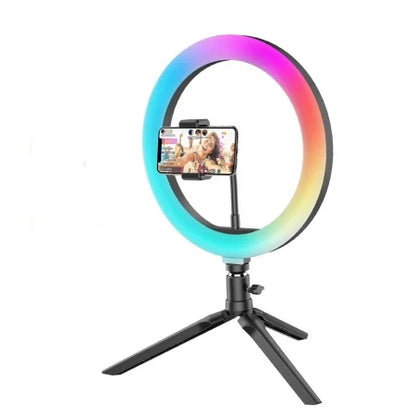 Ring Light LED RGB, Lampa circulara color 26cm, cu stativ de masa si suport telefon
