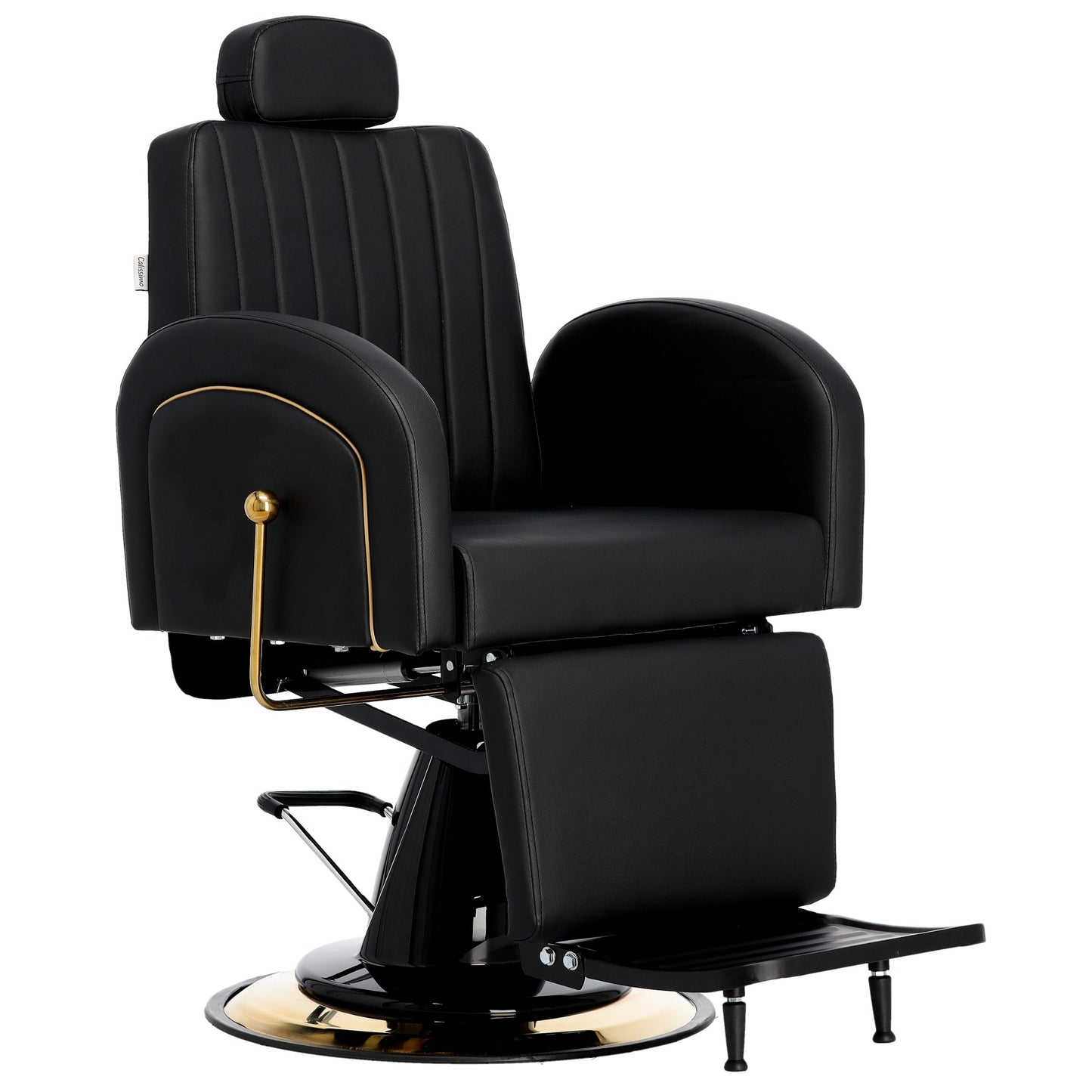 Scaun profesional de barber Landon, negru cu detalii aurii, echipat cu pompa hidraulica pentru reglarea inaltimii si suport pentru picioare.
