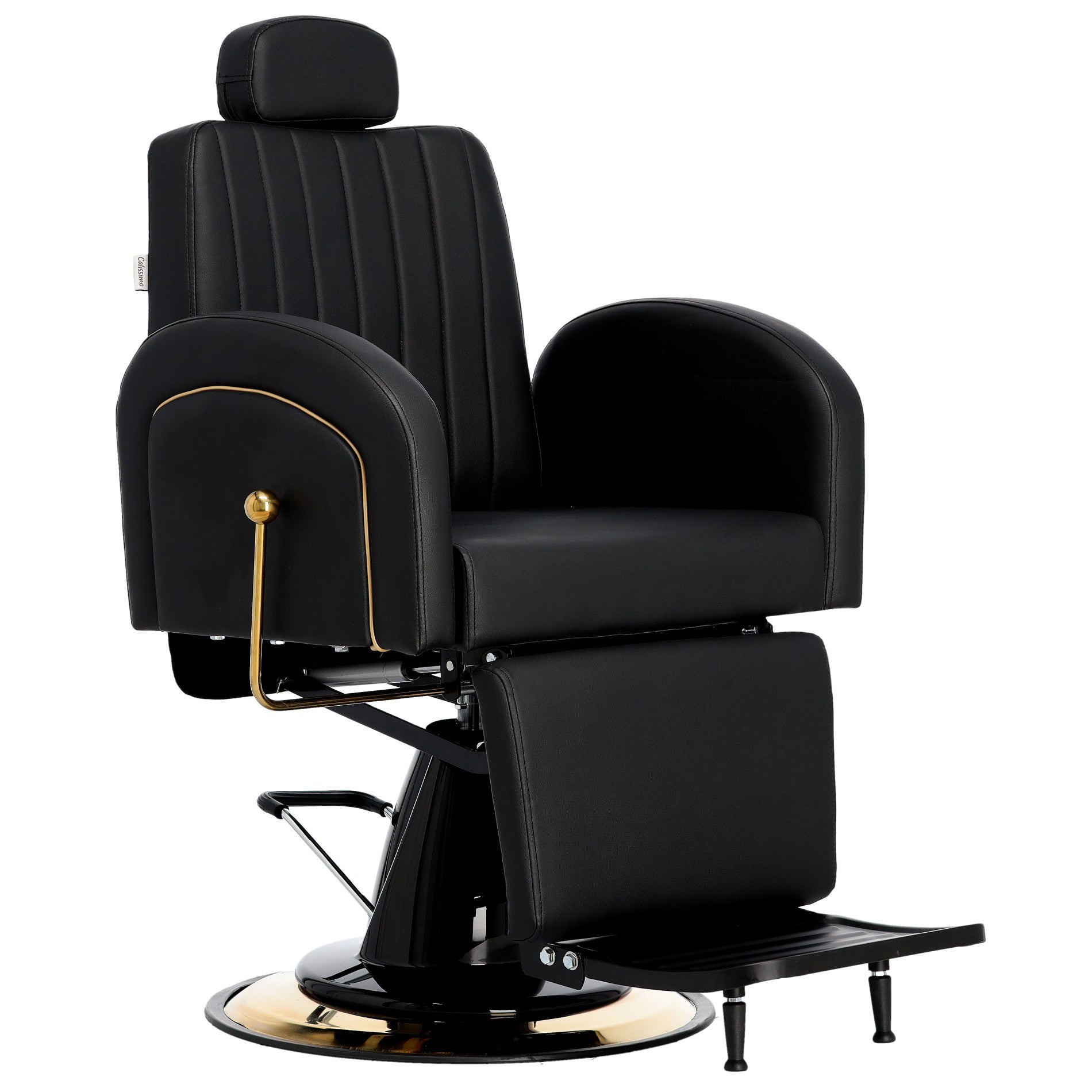 Scaun profesional de barber Landon, negru cu detalii aurii, echipat cu pompa hidraulica pentru reglarea inaltimii si suport pentru picioare.