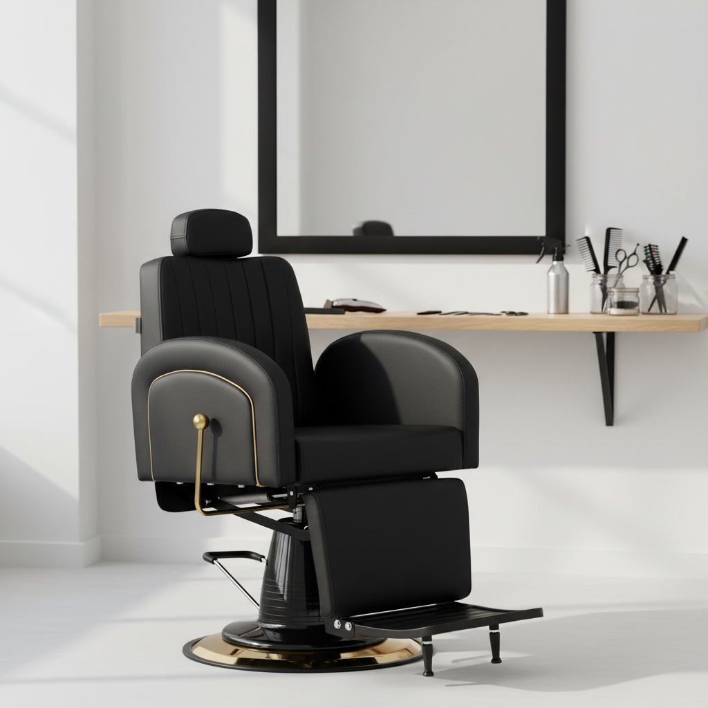 Scaunul profesional Landon integrat intr-un salon modern de barbering, langa oglinda si postul de lucru.