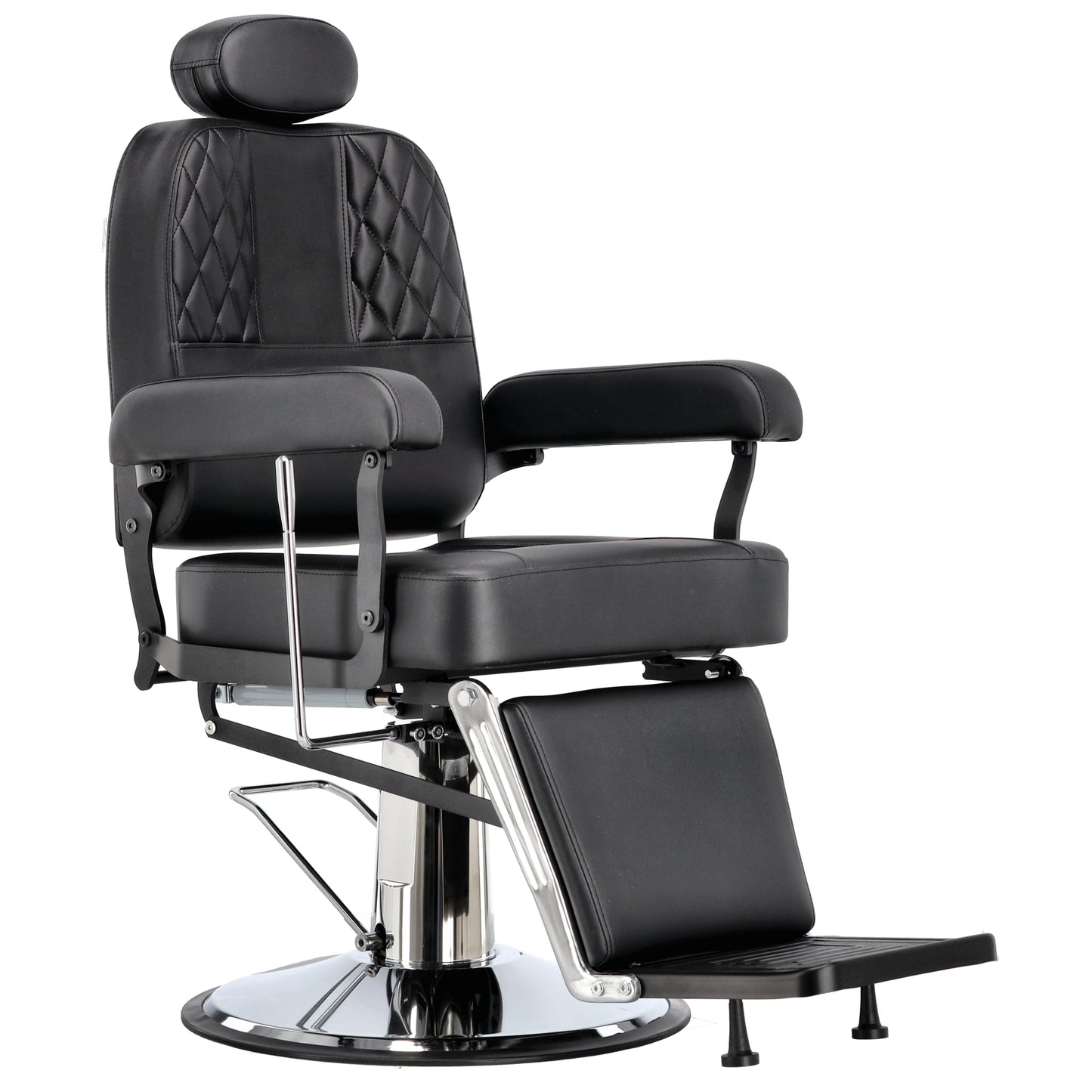 Scaun barber profesional Nestor negru cu baza cromata argintie Ideal Beauty, vedere din trei sferturi.