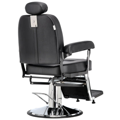 Vedere din spate a scaunului profesional de frizerie Nestor Ideal Beauty cu finisaj din piele ecologica neagra.