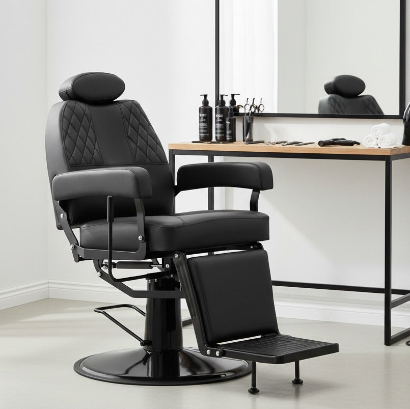 Scaun barber profesional Nestor amplasat intr-un salon modern de frizerie si barber shop