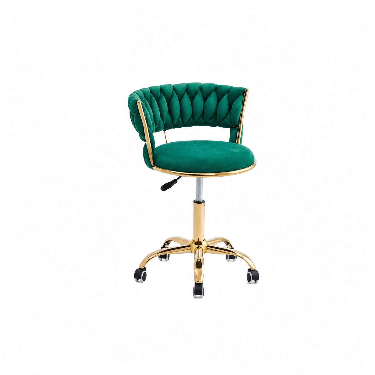 Scaun profesional pentru salon tapitat in catifea verde smarald, cu spatar matlasat, piston pe gaz si baza metalica cu r