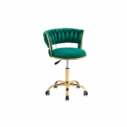 Scaun profesional pentru salon tapitat in catifea verde smarald, cu spatar matlasat, piston pe gaz si baza metalica cu r