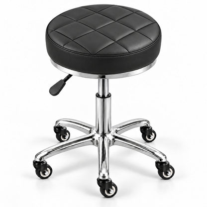 Scaun cosmetică DIVA Platinum negru, cu șezut rotund capitonat în pătrățele, bază argintie cromată, cinci roți și manetă laterală neagră, pe fundal alb.