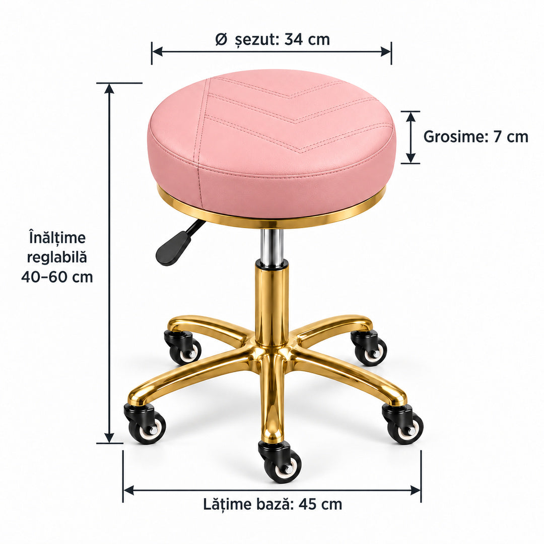 Dimensiuni Scaun Cosmetică DIVA Gold Roz: înălțime reglabilă 40–60 cm, diametru șezut 34 cm, grosime 7 cm și bază de 45 cm