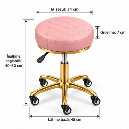 Dimensiuni Scaun Cosmetică DIVA Gold Roz: înălțime reglabilă 40–60 cm, diametru șezut 34 cm, grosime 7 cm și bază de 45 cm