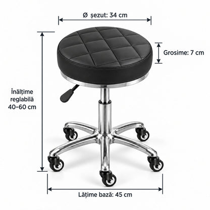 Dimensiuni scaun cosmetică DIVA Platinum: înălțime reglabilă 40–60 cm, diametru șezut 34 cm, grosime șezut 7 cm și lățime bază 45 cm.