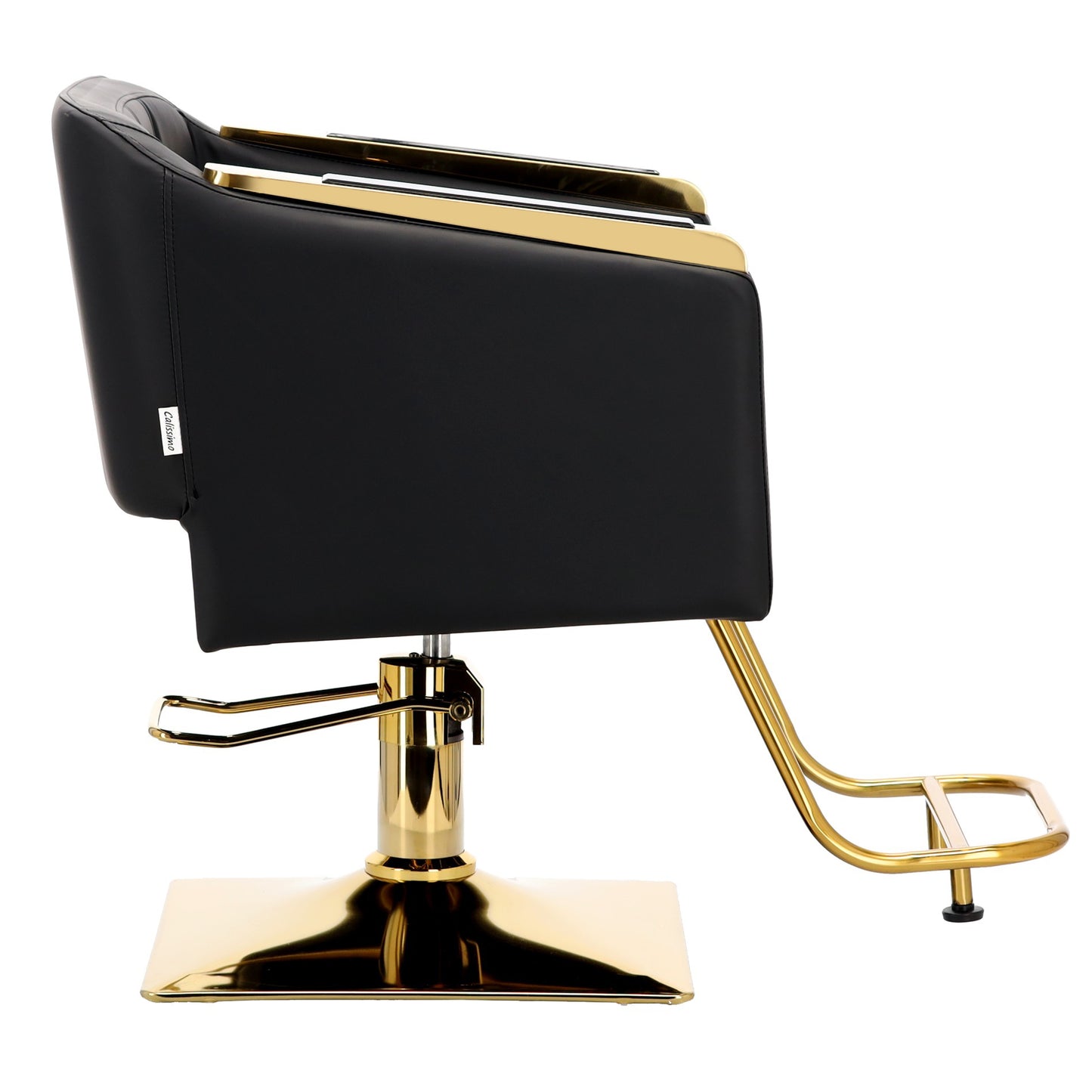 Profil lateral al scaunului de barber Pikos Gold, evidentiand suportul fix pentru picioare si pedala metalica a pompei hidraulice.