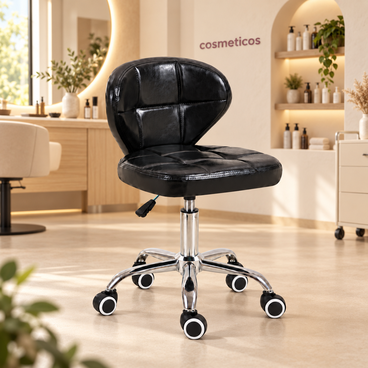 Scaun de lucru negru pentru salon, reglabil pe înălțime, cu bază cromată cu 5 picioare și roți alb-negru, prezentat într