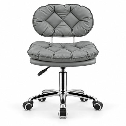 Scaun BUBBLE gri pentru salon, vedere frontală, cu tapițerie din piele ecologică și bază cromată cu roți