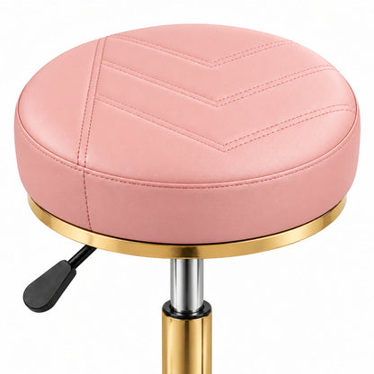 Detaliu șezut rotund capitonat roz din piele ecologică, cu cusături decorative și margine aurie, Scaun Cosmetică DIVA Gold
3.