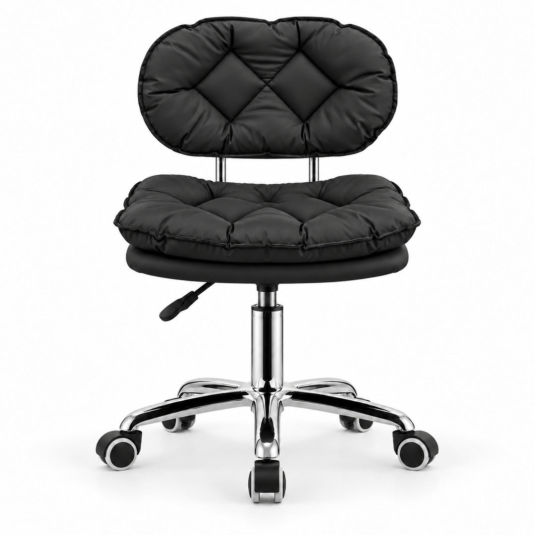 Scaun Salon BUBBLE negru, vedere frontala, cu tapiterie din piele ecologica si baza cromata cu roti - Ideal Beauty