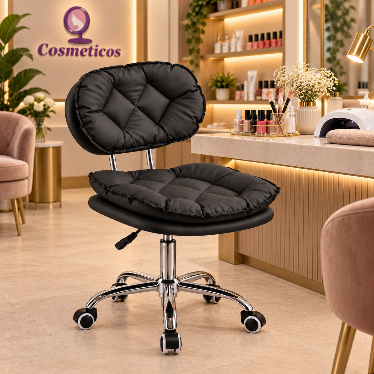 Scaun Salon BUBBLE negru intr-un salon de infrumusetare, rotativ si reglabil, pentru manichiura si cosmetica - Cosmetico