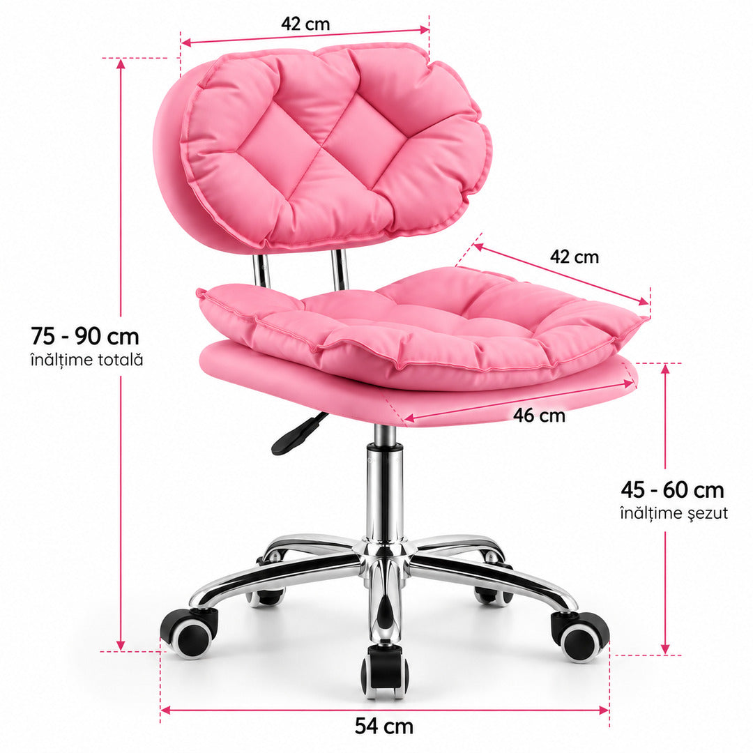 Dimensiuni Scaun Salon BUBBLE roz, rotativ si reglabil pe inaltime, cu baza cromata si roti - Cosmeticos