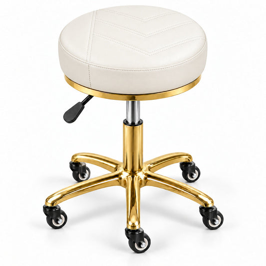 Scaun cosmetica DIVA Gold alb rotativ reglabil cu baza aurie si roti