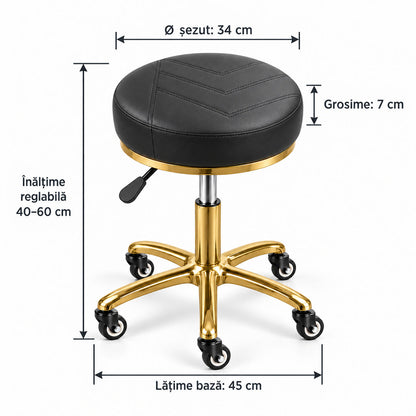 Dimensiuni scaun cosmetică DIVA Gold: înălțime reglabilă 40–60 cm, diametru șezut 34 cm, grosime șezut 7 cm și lățime bază 45 cm.