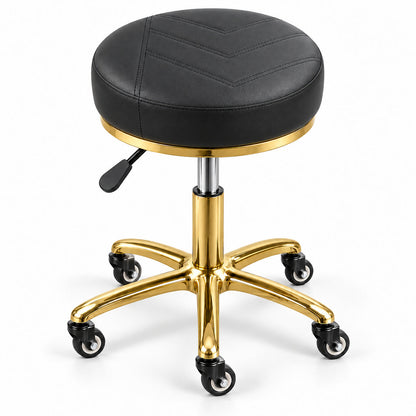 Scaun cosmetică DIVA Gold negru, cu șezut rotund cu cusături în V, bază aurie cu cinci roți și manetă neagră de reglare, pe fundal alb.