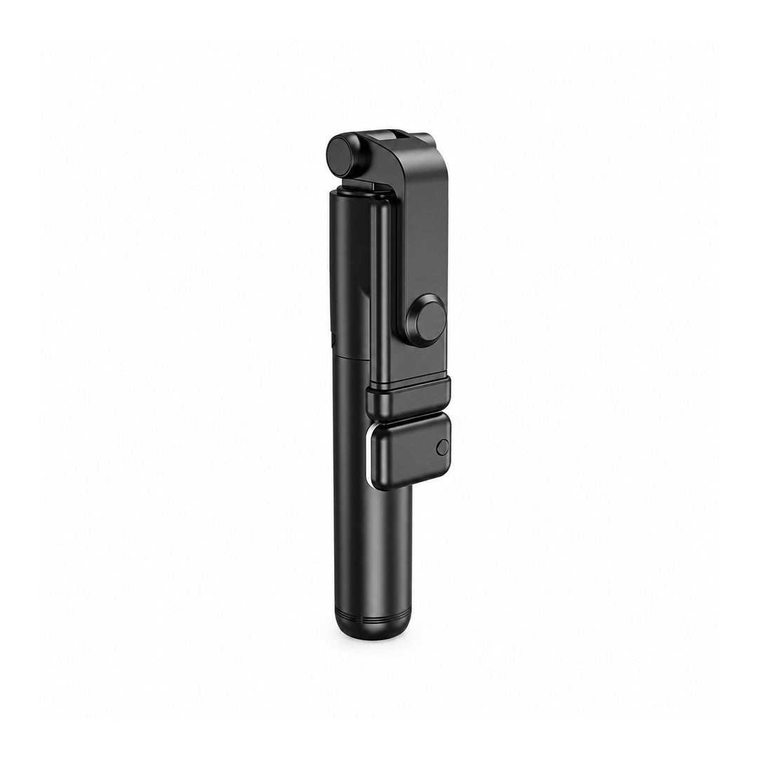 Selfie stick cu trepied pliabil, în poziție compactă, cu telecomanda Bluetooth montată pe mâner.

