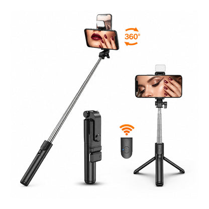 Selfie stick telescopic cu trepied și telecomandă Bluetooth, prezentat pliat și extins, cu suport pentru telefon rotativ