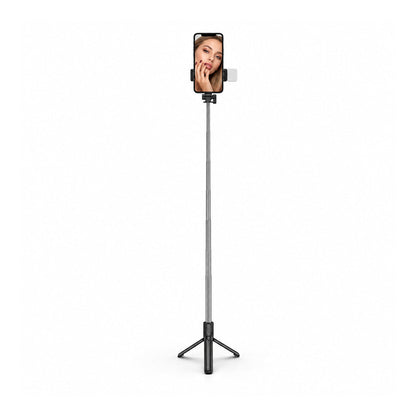 Selfie stick telescopic extins, cu trepied și telefon poziționat vertical, pentru realizarea conținutului video în salon