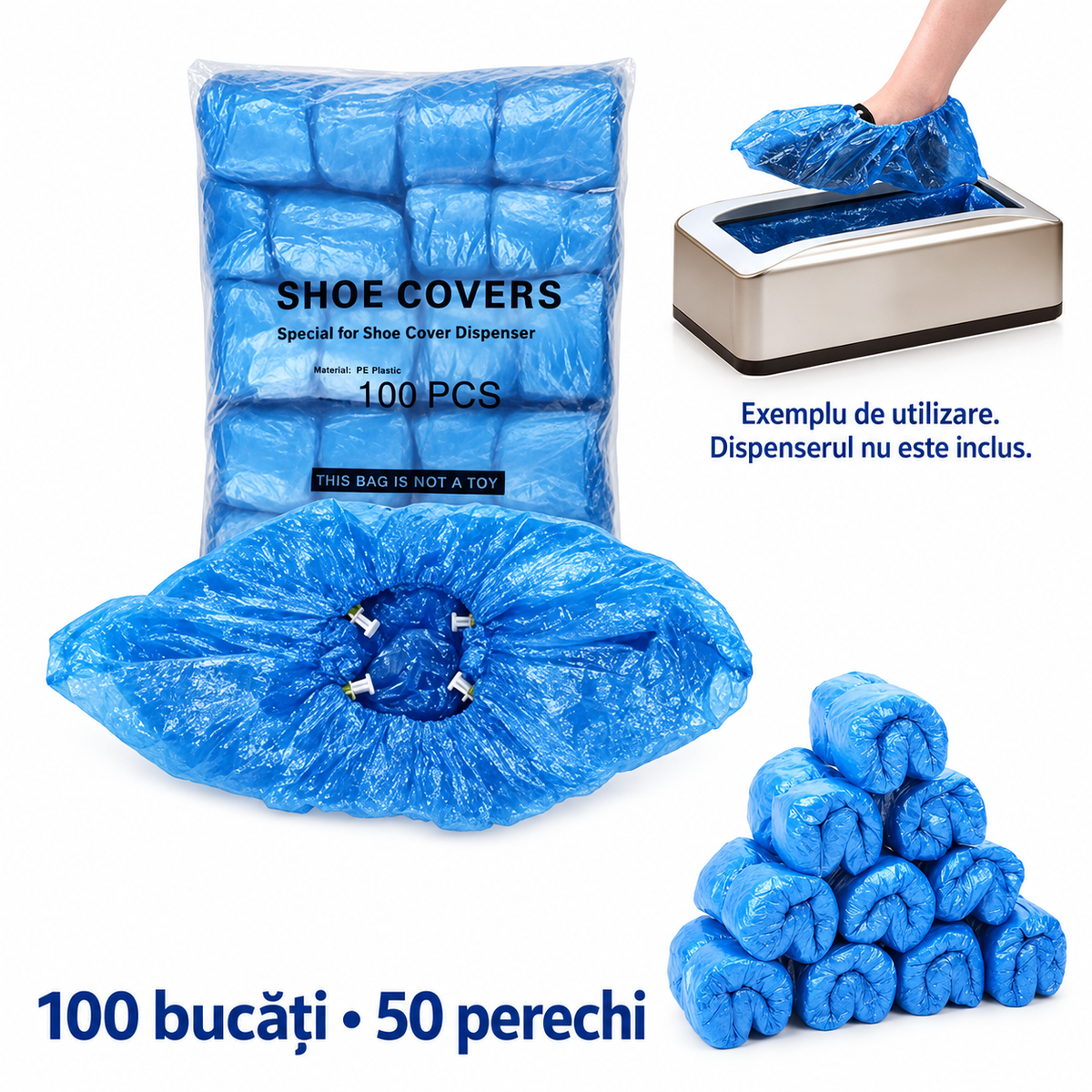 Pachet cu 100 de botoșei de unică folosință și exemplu de aplicare pe încălțăminte cu dispenserul