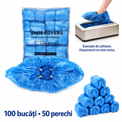Pachet cu 100 de botoșei de unică folosință și exemplu de aplicare pe încălțăminte cu dispenserul