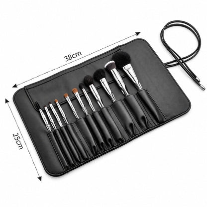 Set 11 pensule de machiaj Silver Touch în accesoriul negru cu compartimente individuale, prezentat deschis cu dimensiuni