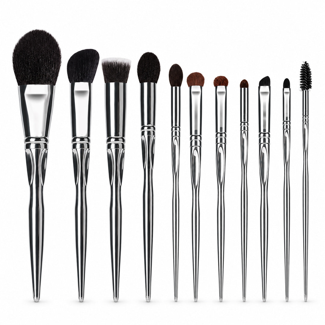 Set 11 pensule profesionale Silver Touch, cu pensulă pentru fond de ten, pudră, fard, eyeliner, buze și perie pentru spr