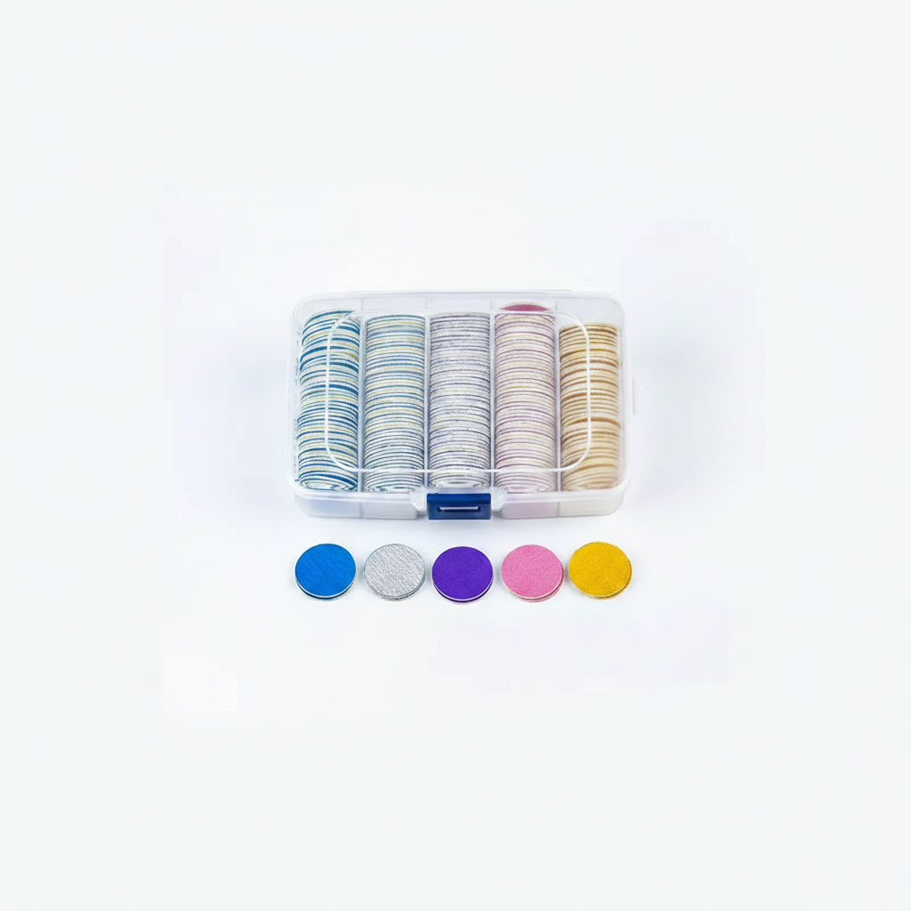 Set 200 rezerve abrazive autoadezive pododisc 25mm in cutie organizatoare cu 5 culori si granulatii.