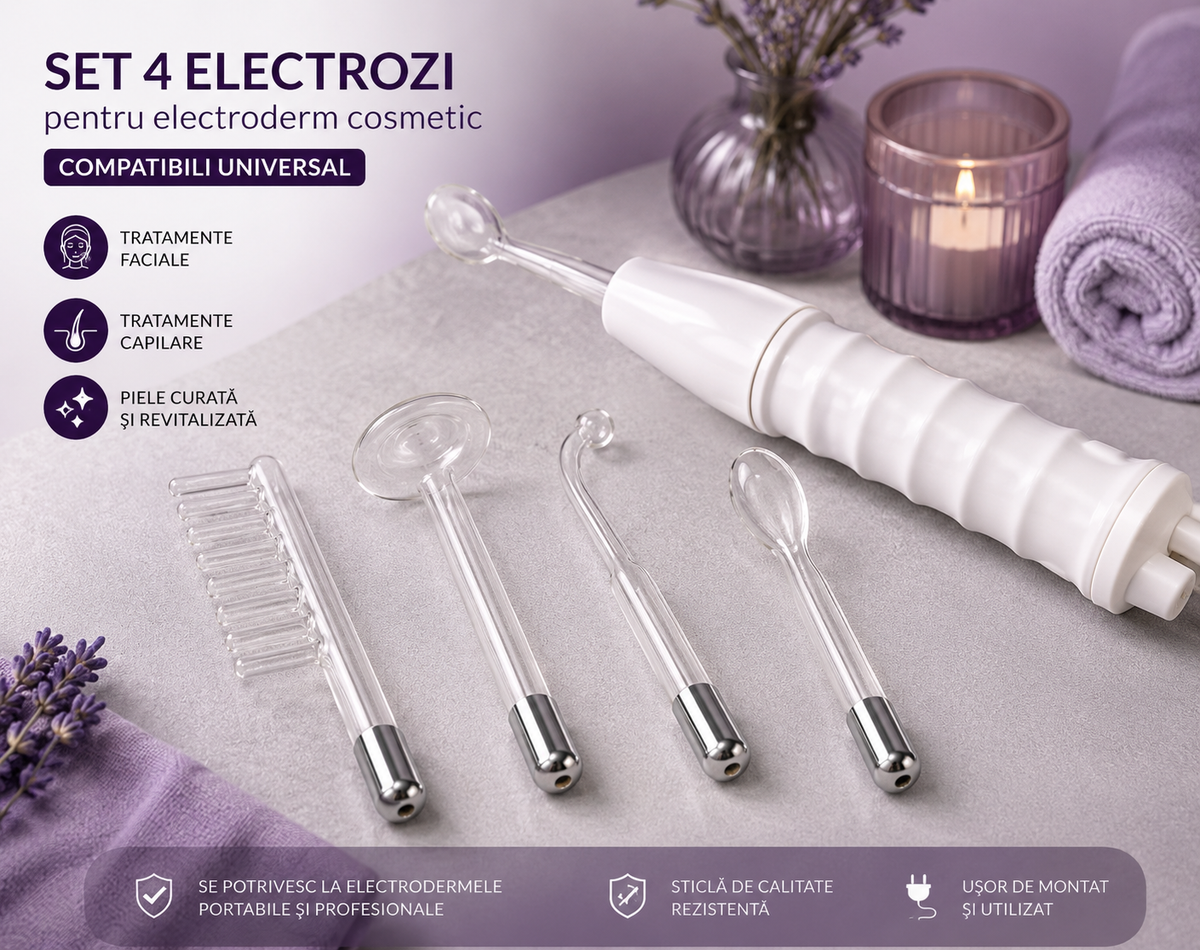Set 4 electrozi universali pentru electroderm cosmetic profesional, compatibili cu majoritatea aparatelor de inalta frec