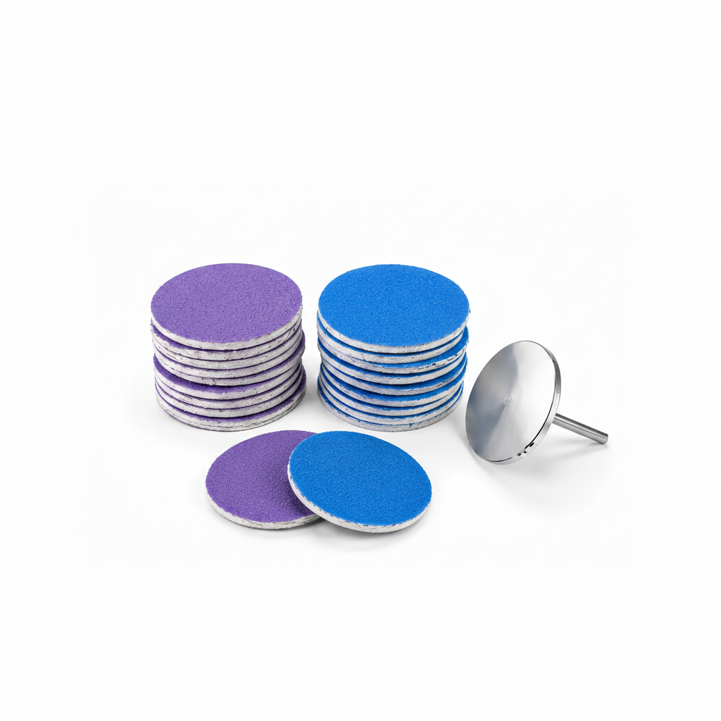 Set pododisc 25mm cu disc metalic pedichiura si rezerve abrazive autoadezive mov si albastre.